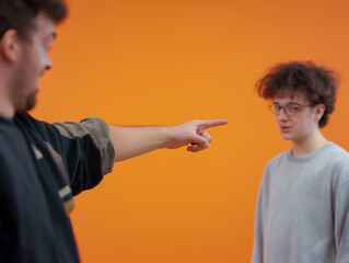 A man is pointing at a boy with glasses using his hand and index finger, mocking him, laughing at him, blaming and accusing him. The accused teen looks bullied, harrassed, tired, fed up or ashamed.