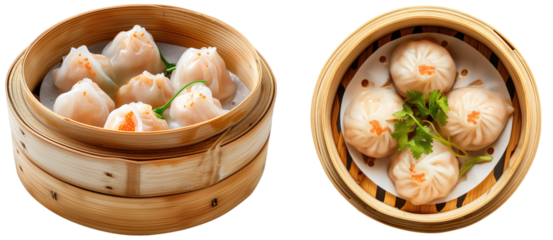 Bundle of dim sum in a wooden bowl, side and top view, isolated on a white background