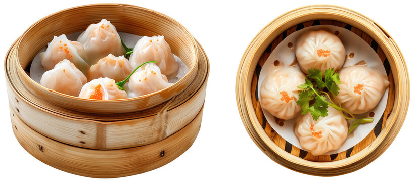 Bundle of dim sum in a wooden bowl, side and top view, isolated on a white background