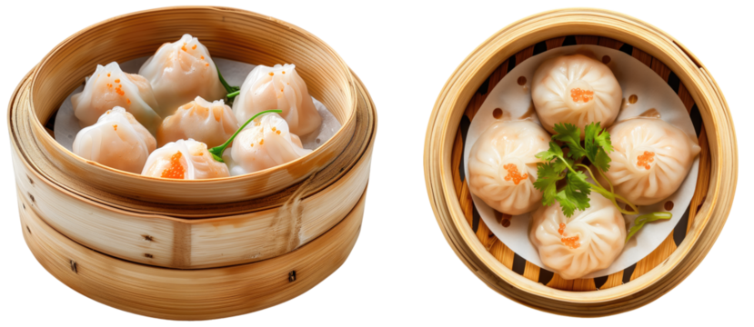 Bundle of dim sum in a wooden bowl, side and top view, isolated on a white background