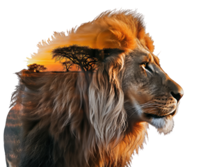 Double exposure effect of an african lion and the savanna at sunset isolated on a transparent background