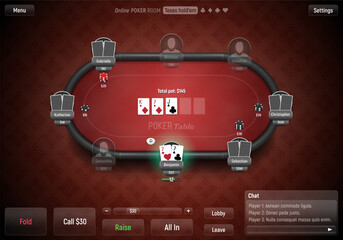 Poker table with players, cards and chips. Poker room. Texas hold'em online game. Vector illustration.