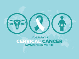 January is Cervical Cancer Awareness Month poster vector illustration. Cervical cancer teal and white awareness ribbon and uterus icon set vector. Women's reproductive health symbol. Important day