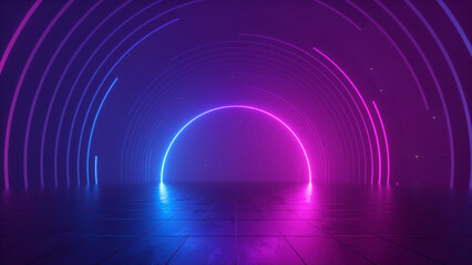 3D realistic technology digital cyberpunk podium display neon lighting with glow neon colors lines with lighting effect perspective on dark blue background . 5G network high speed internet wireless