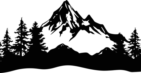Foto op Aluminium Black silhouette of mountains and forest fir trees camping landscape panorama illustration icon vector for logo, isolated on white background. AI generated illustration. © Emil