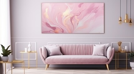 Abstract fluid art banner: dynamic pink, gold, and white acrylic mix for interior posters, capturing the elegance of liquid paint flow