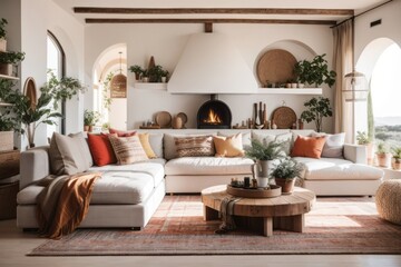 Bohemian farmhouse interior home design of modern living room with rural panorama
