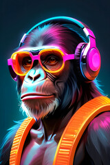 Futuristic inspired Cyber Monkey wearing sunglasses and headphone digital drawing art , Funky Chimpanzee in neon light background in cyberpunk style