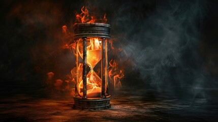 Time concept. Burning hourglass with smoke in the forest with dark background
