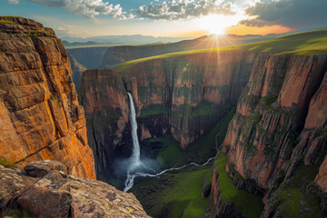 Wide angle view of stunning canyon and waterfall. Landscape concept of view and scenery. 