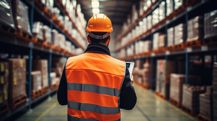 Professional worker wearing safety vest and hard hat looking information the tablet. In the background big warehouse with shelves full of delivery goods. - obrazy, fototapety, plakaty
