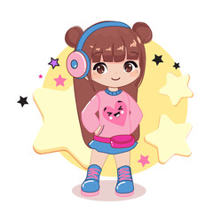 Beautiful little cartoon girl in headphones on a white background. Anime style, dark hair and big eyes. Summer concept. Modern trend for kids, t-shirt design print
