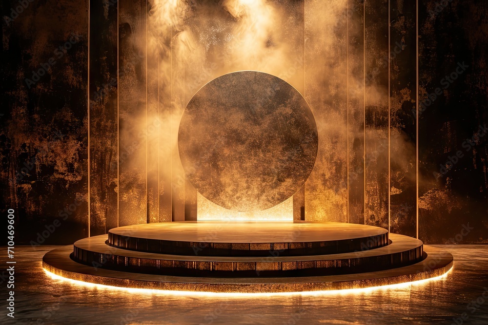 Poster celestial showcase. minimalistic design featuring empty stage black space and illuminated circular p