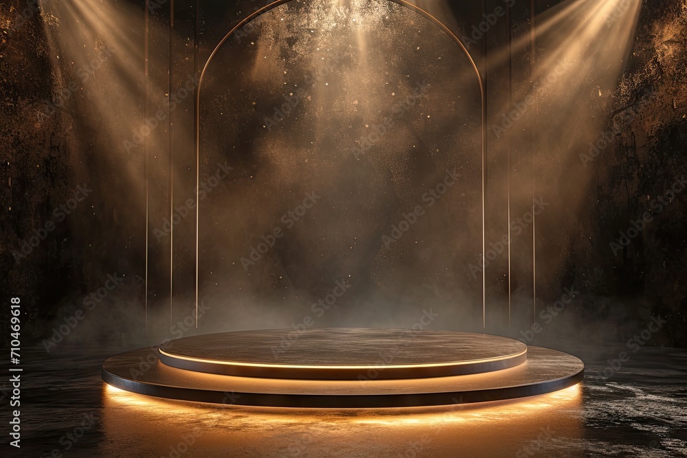 Poster celestial showcase. minimalistic design featuring empty stage black space and illuminated circular p