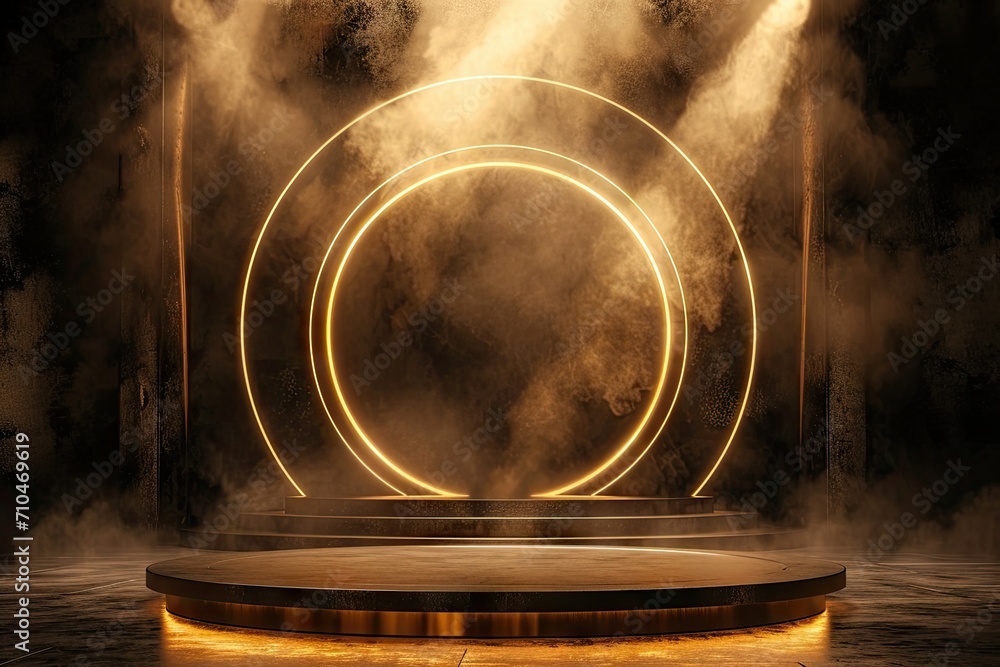 Poster celestial showcase. minimalistic design featuring empty stage black space and illuminated circular p