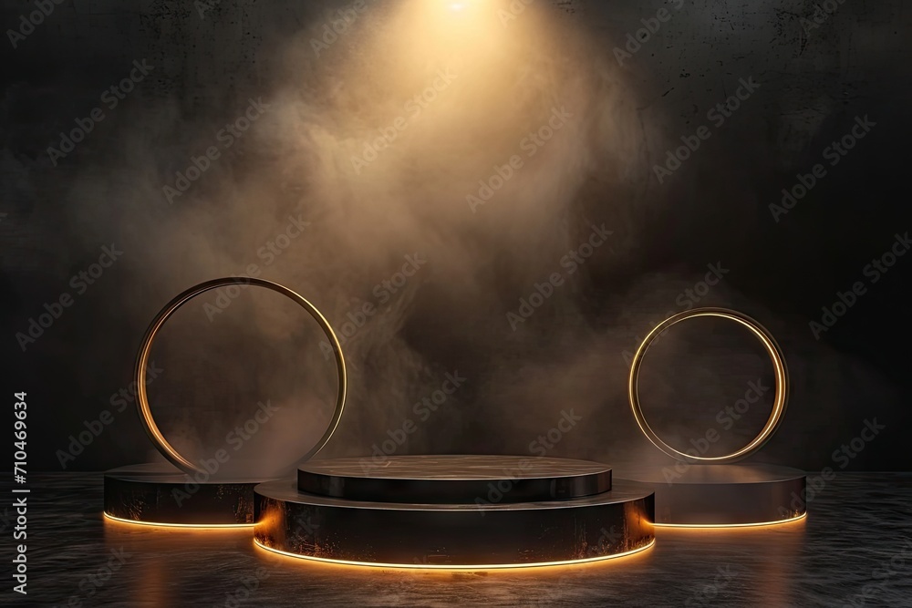 Poster celestial showcase. minimalistic design featuring empty stage black space and illuminated circular p