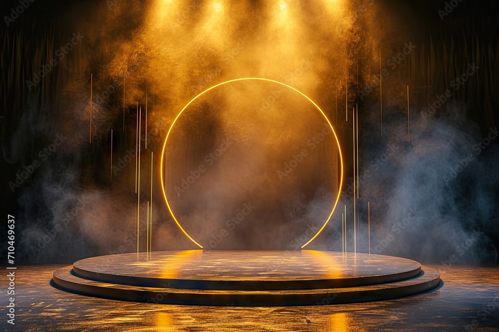 Poster celestial showcase. minimalistic design featuring empty stage black space and illuminated circular p