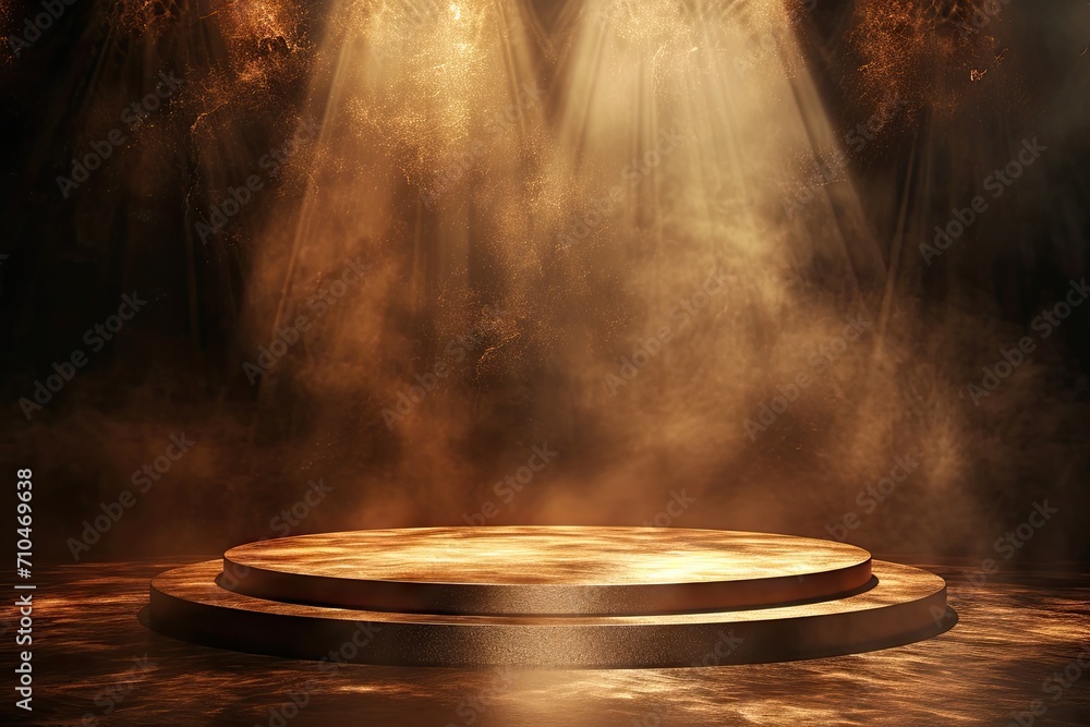 Poster celestial showcase. minimalistic design featuring empty stage black space and illuminated circular p