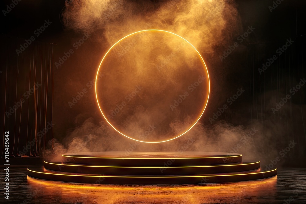 Poster celestial showcase. minimalistic design featuring empty stage black space and illuminated circular p