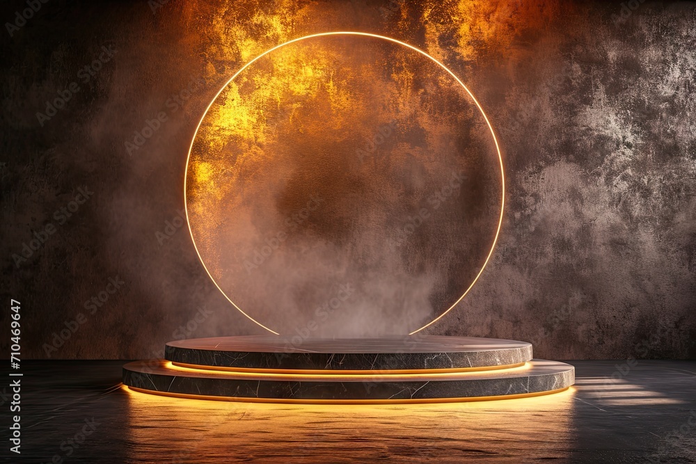 Poster celestial showcase. minimalistic design featuring empty stage black space and illuminated circular p