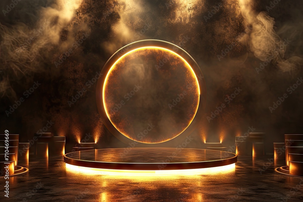 Poster celestial showcase. minimalistic design featuring empty stage black space and illuminated circular p
