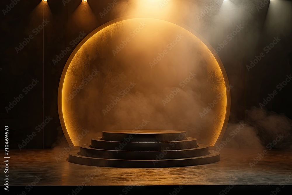 Poster celestial showcase. minimalistic design featuring empty stage black space and illuminated circular p