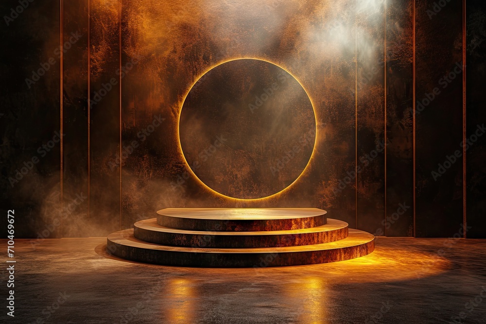 Poster celestial showcase. minimalistic design featuring empty stage black space and illuminated circular p