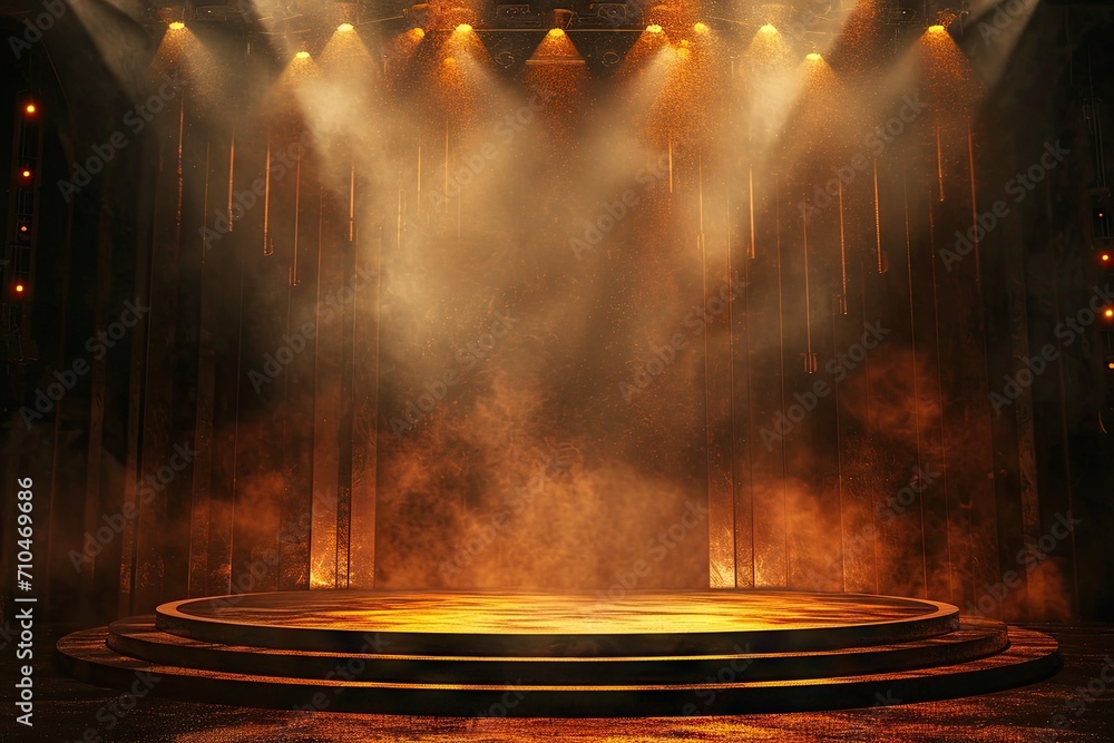 Poster celestial showcase. minimalistic design featuring empty stage black space and illuminated circular p