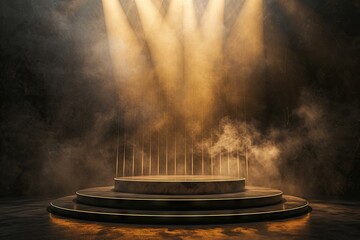 Celestial showcase. Minimalistic design featuring empty stage black space and illuminated circular podium ideal for capturing essence of mystery and modern elegance - obrazy, fototapety, plakaty
