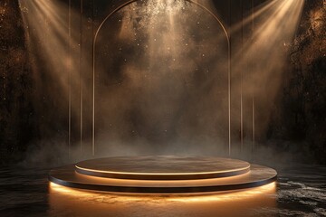 Celestial showcase. Minimalistic design featuring empty stage black space and illuminated circular podium ideal for capturing essence of mystery and modern elegance