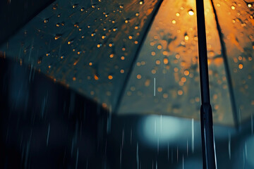 Umbrella under heavy rain against water drops splash background. Rainy weather and depression concept.