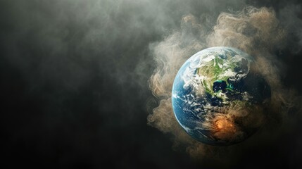 Fototapeta na wymiar Earth planet in smoke on dark background. Global warming concept. Save the planet concept