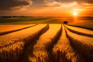 ready to harvest field of golden wheat at sunset - obrazy, fototapety, plakaty