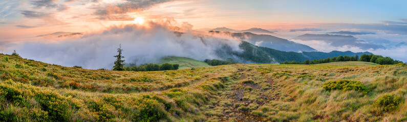 Amazing panorama of the Carpathian mountains. Sunset over a cloud of fog. Carpathians, Ukraine