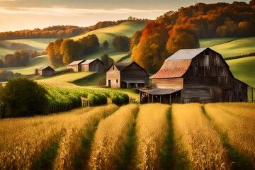 ready to harvest field of golden wheat and farmhouse  - obrazy, fototapety, plakaty