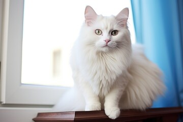 White fluffy cat lying on the windowsill