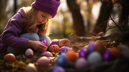 girl searching easter eggs - obrazy, fototapety, plakaty