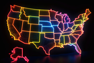 Map of the United States of America with a neon effect. Outline map of the USA.