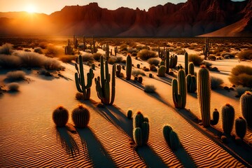 desert with wild cactus plant at sunset  - Powered by Adobe