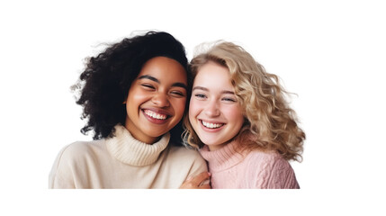 Young women from different nationalities hugging each other, laughing, happy, having fun, with transparent background.png - obrazy, fototapety, plakaty