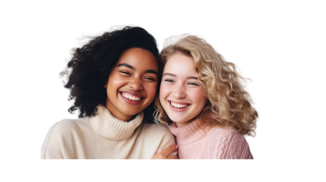 Young women from different nationalities hugging each other, laughing, happy, having fun, with transparent background.png