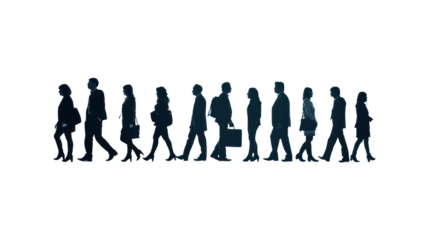 Silhouettes of a number of men and women standing and walking. Black businessman jumps Studio Transparent background.png