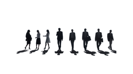 Silhouettes of a number of men and women standing and walking. Black businessman jumps Studio Transparent background.png