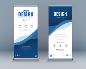 Roll up banner vertical template design, blue, CMYK, for brochure, business, flyer, infographics. modern x-banner and flag-banner advertising. vector illustration