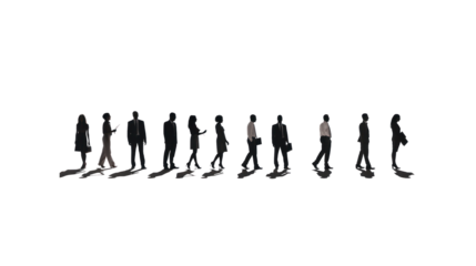 Silhouettes of a number of men and women standing and walking. Black businessman jumps Studio Transparent background.png