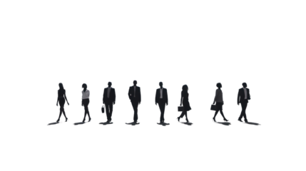 Silhouettes of a number of men and women standing and walking. Black businessman jumps Studio Transparent background.png