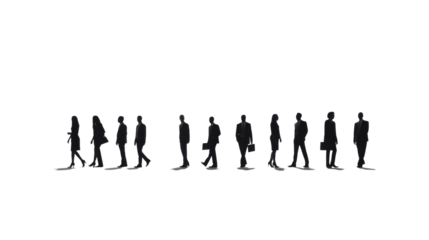 Silhouettes of a number of men and women standing and walking. Black businessman jumps Studio Transparent background.png