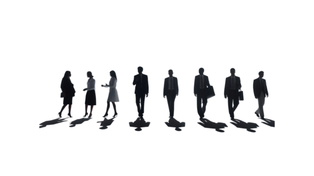 Silhouettes of a number of men and women standing and walking. Black businessman jumps Studio Transparent background.png