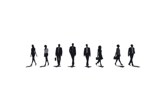 Silhouettes of a number of men and women standing and walking. Black businessman jumps Studio Transparent background.png - Powered by Adobe