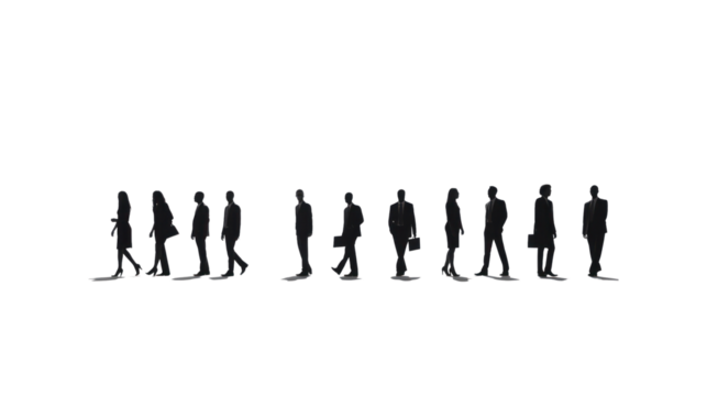 Silhouettes of a number of men and women standing and walking. Black businessman jumps Studio Transparent background.png